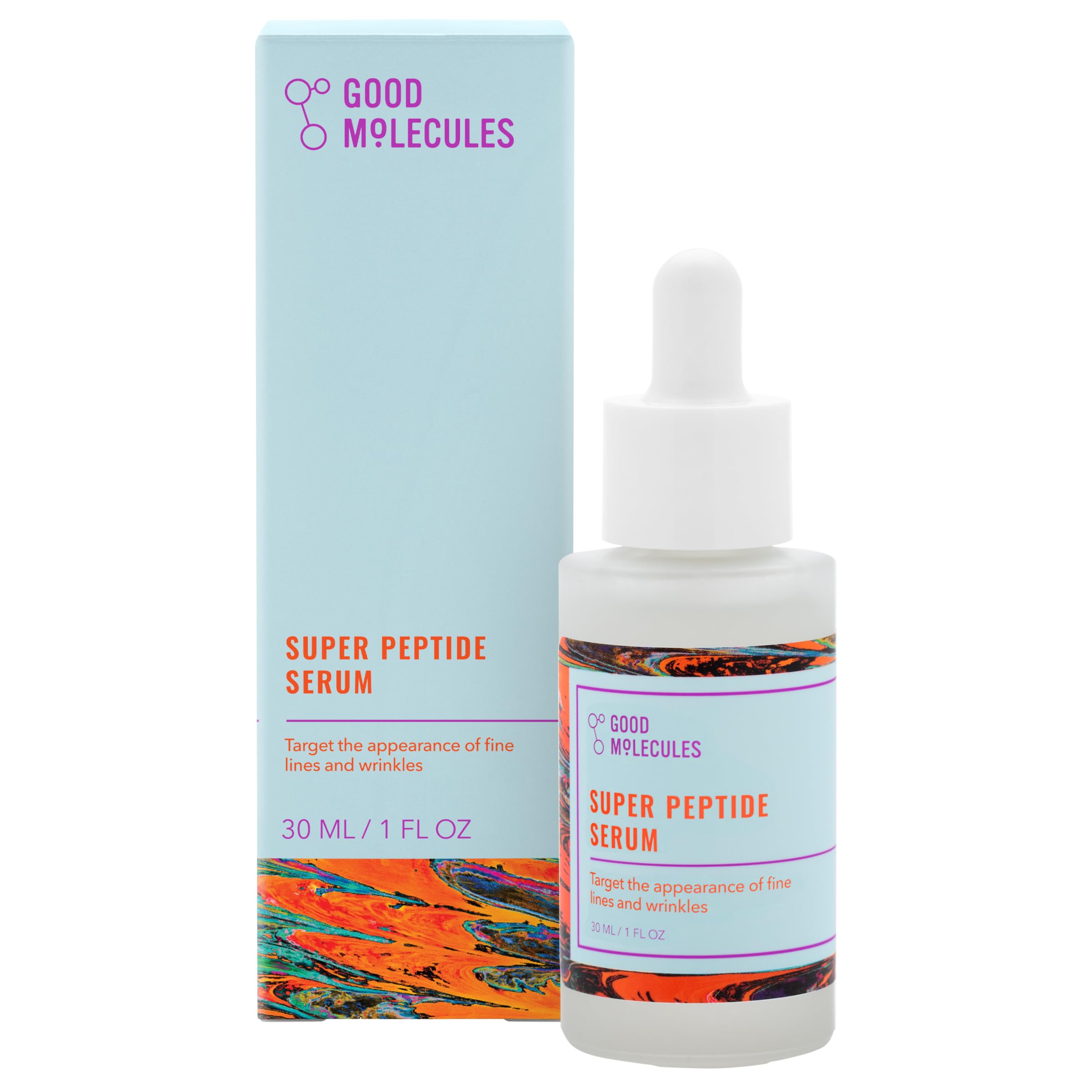 Good Molecules Super Peptide Serum bottle closeup—hydration for a firmer look.