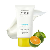 GOODAL Green Tangerine Vita-C sunscreen bottle close-up for daily protection.