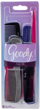 Goody hair combs set 6 front view shows assorted colors for easy styling and detangling.