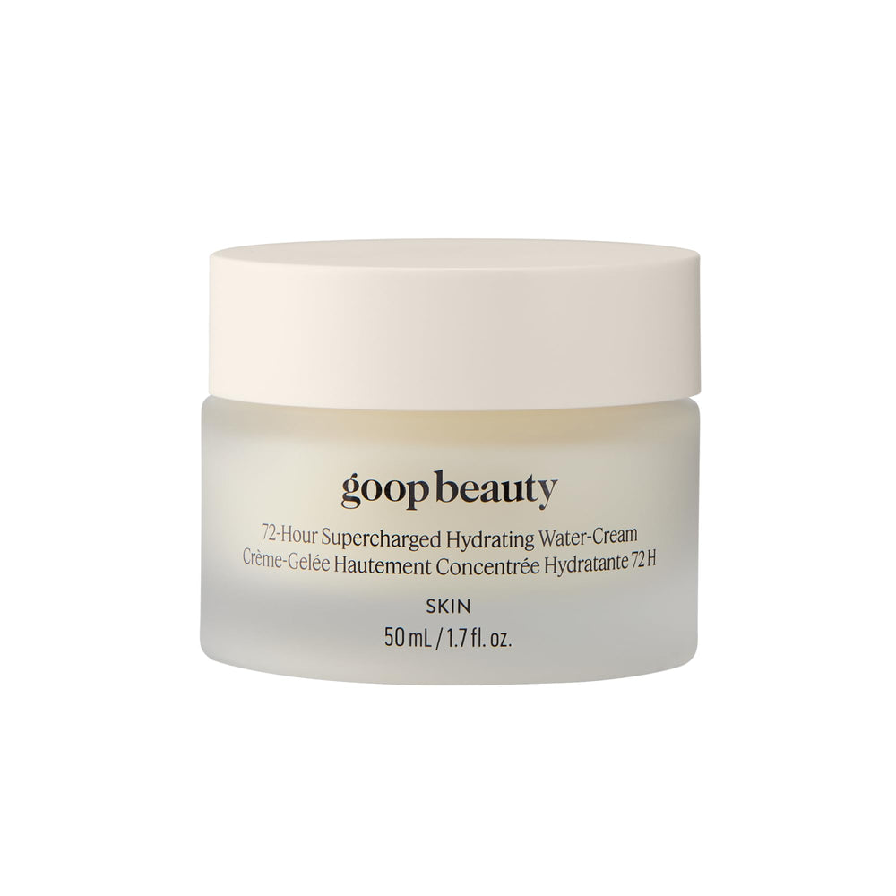 Goop Beauty 72-Hour Hydrating Water Cream bottle pour highlights long-lasting moisture