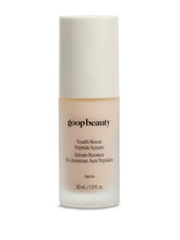 Goop Beauty Peptide Serum bottle closeup showcases hydrating texture for smoother, more radiant skin.