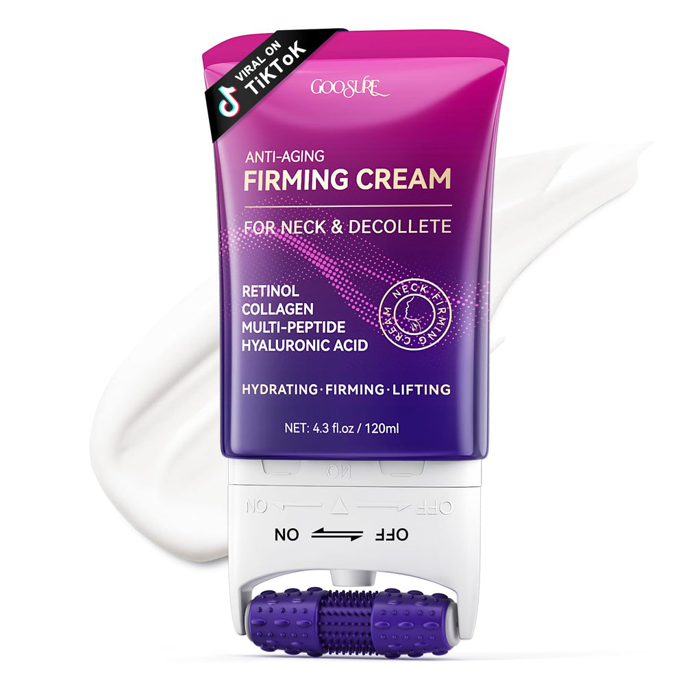 GOOSURE firming neck cream roller application shows even distribution for smoother skin.