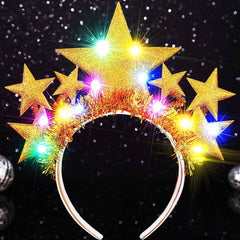 GORTIN light up star headband in gold, front view lit for parties