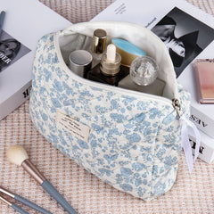 Gosect 2pc makeup bag set blue floral side demonstrates compact daily-use pouch.