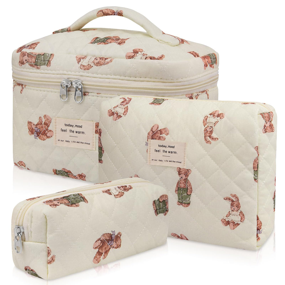 Gosect 3pc makeup bag set with floral quilting in White Bear design for travel organization.