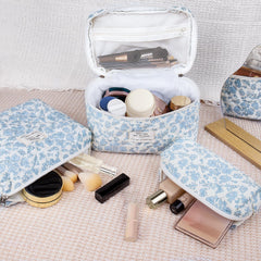 Gosect 3pc makeup bag set back view demonstrates durable quilting and easy-clean cotton material.