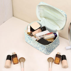 Gosect cotton travel makeup bag material close-up shows soft fabric and easy cleaning