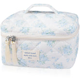 Gosect large travel quilted makeup bag with blue rose front view for spacious cosmetics storage