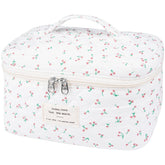 Gosect large travel quilted makeup bag White Cherry front view highlighting floral pattern for stylish travel