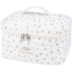 Gosect large travel quilted makeup bag White Cherry front view highlighting floral pattern for stylish travel