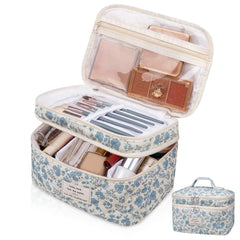 Gosect makeup bag large blue flowers front view for stylish storage and travel