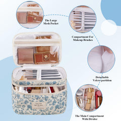 Gosect makeup bag large blue flowers open-top view highlighting multi-layer layout for easy access