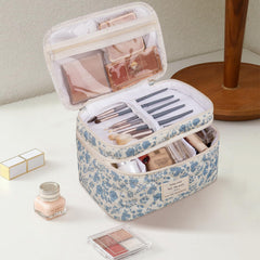 Gosect makeup bag large blue flowers side view showing compact organized design