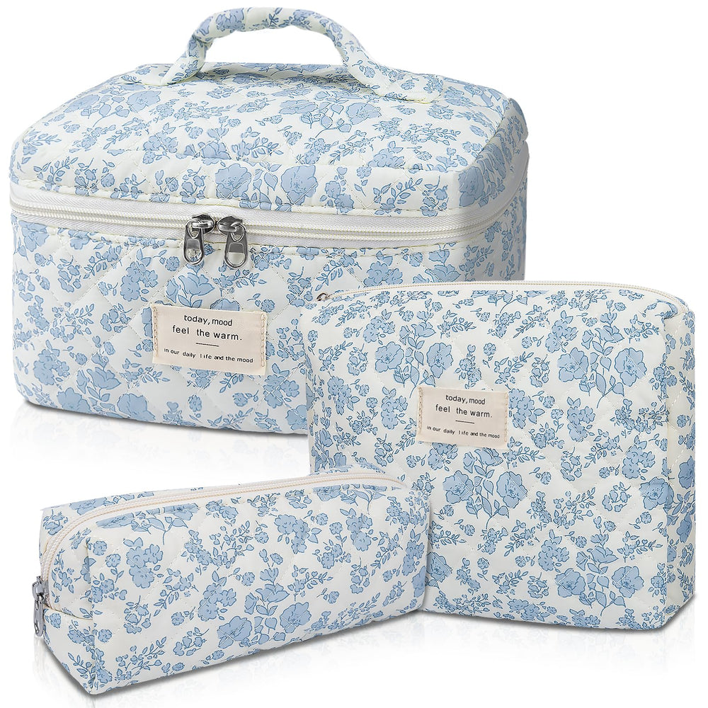 Gosect makeup bag large quilted blue flower front view for organized cosmetics on the go