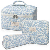 Gosect makeup bag large quilted blue flower front view for organized cosmetics on the go