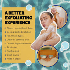 GOSHI exfoliating towel lather-foam closeup shows rich cleansing with soap