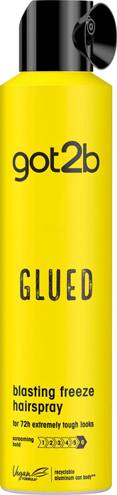 Got2B Glued Blasting Freeze Spray bottle demonstrating extreme hold for lasting hairstyles.
