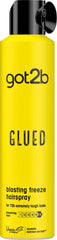 Got2B Glued Blasting Freeze Spray bottle demonstrating extreme hold for lasting hairstyles.