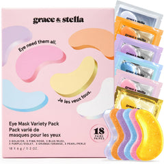 grace & stella front of box showing six colorful under eye patch types and branding benefits