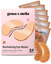 Grace & Stella caffeine under-eye patches bronze pack closeup for refreshed eyes.