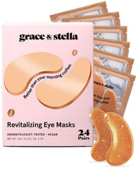 Grace & Stella caffeine under-eye patches bronze pack closeup for refreshed eyes.