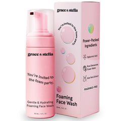 Grace & Stella hydrating face wash bottle close-up with fluffy foam for gentle cleansing.