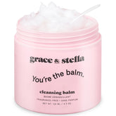 Grace & Stella makeup remover balm jar showing creamy texture for gentle cleansing.