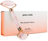 Grace & Stella Rose Quartz Roller close-up for soothing facial massage and cooling sensation.