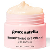 Grace & Stella under-eye-cream tube close-up highlighting caffeine and niacinamide brightening benefits.