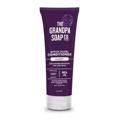 The Grandpa Soap Company clarifying witch hazel conditioner pour bottle shows scalp refreshment and buildup protection.