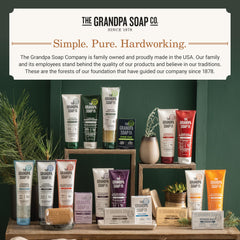 Close-up of The Grandpa Soap Company Oatmeal Bar Soap shows oats and chamomile for soothing exfoliation.