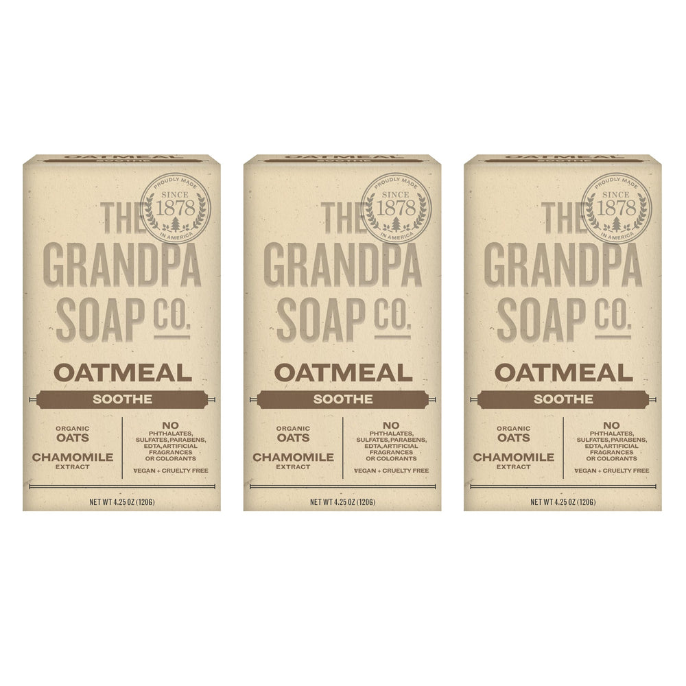The Grandpa Soap Company Oatmeal Bar Soap packaging highlights organic oats for gentle cleansing.