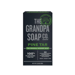 Grandpa Soap Company pine tar soap bar closeup shows rugged texture for everyday cleansing.
