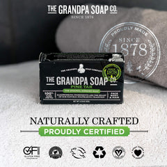 Grandpa Soap Company pine tar soap packaging display emphasizing tradition and natural ingredients.