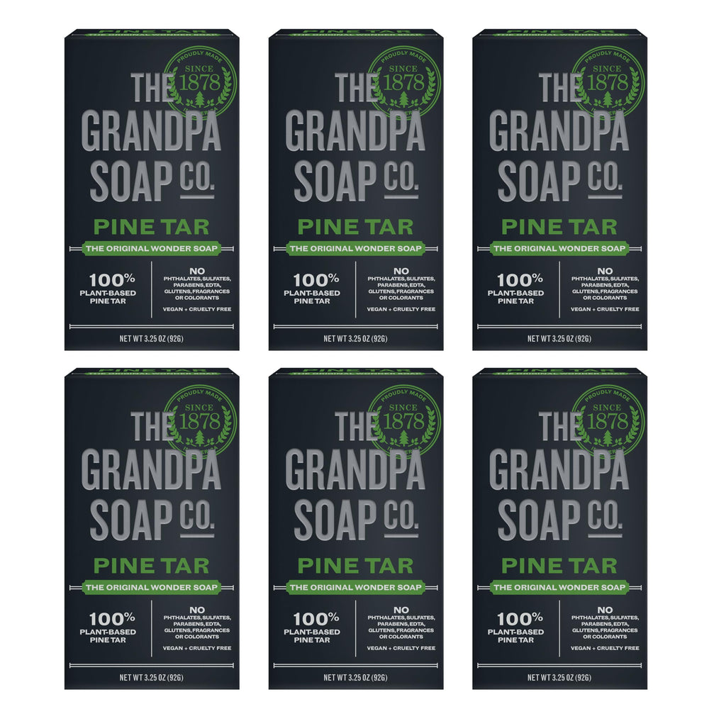 The Grandpa Soap Company Pine Tar Bar Soap pack-shot emphasizes value and long-lasting cleansing.