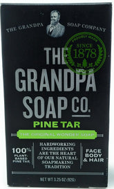 Grandpas Wonder Pine Tar bath bar with rich white lather for cleansing.