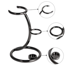 Grandslam gunmetal razor and brush stand dry-storage design promotes quick drying of accessories