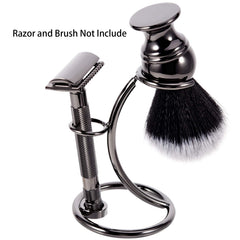 Grandslam gunmetal razor and brush stand side view shows compact design for small spaces