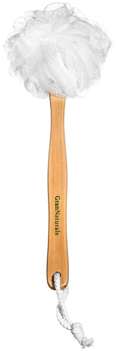 GranNaturals shower loofah on a stick with a long wooden handle for easy back access.