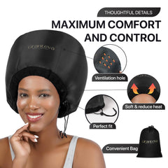 Granteva hooded attachment with integrated headband supports longer, soothing deep conditioning at home.