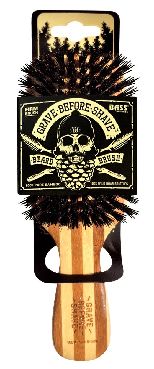 Grave Before Shave beard brush with bamboo-handle view promotes even oil distribution for healthier looking beard.