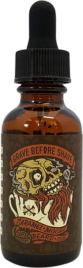 Grave Before Shave Caramel Mocha Beard Oil bottle—hydration and conditioning for shiny beard.