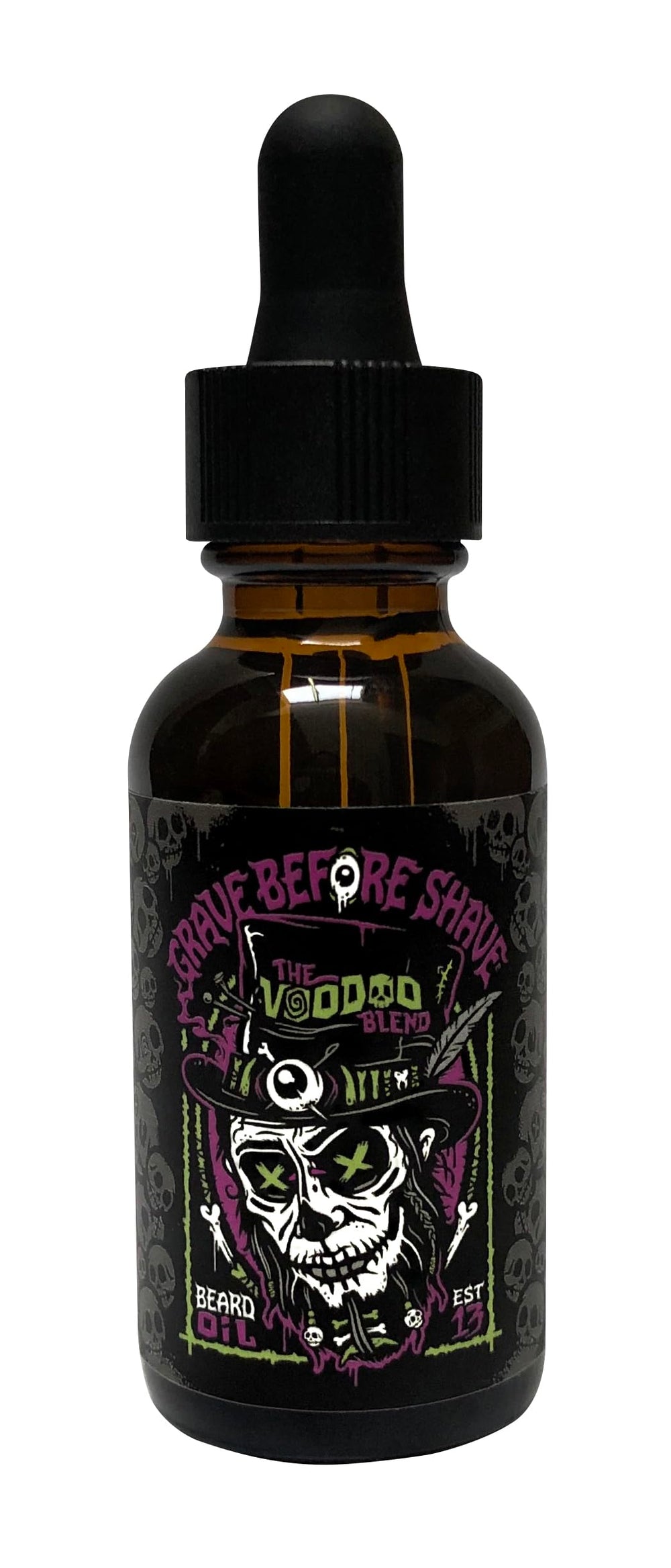 Grave Before Shave Voodoo Blend bottle illustrates nourishing formula for healthy beard growth.