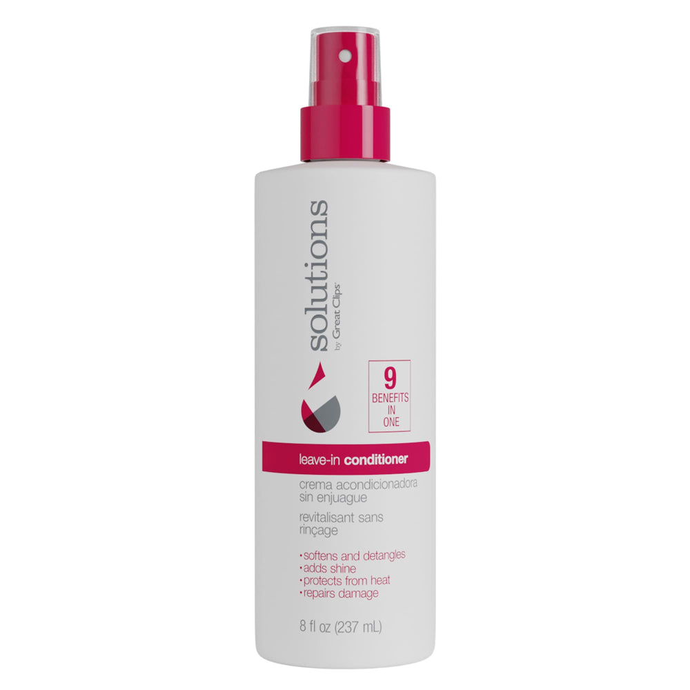 GREAT CLIPS Nourishing Leave-In Conditioner bottle demonstrates lightweight hydration for detangling.