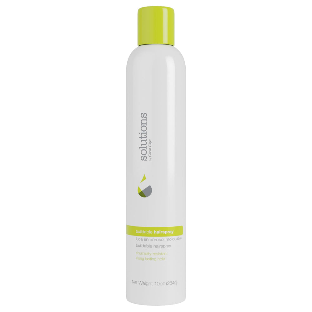 Great Clips Solutions Buildable Hairspray bottle front view for even hold and layering