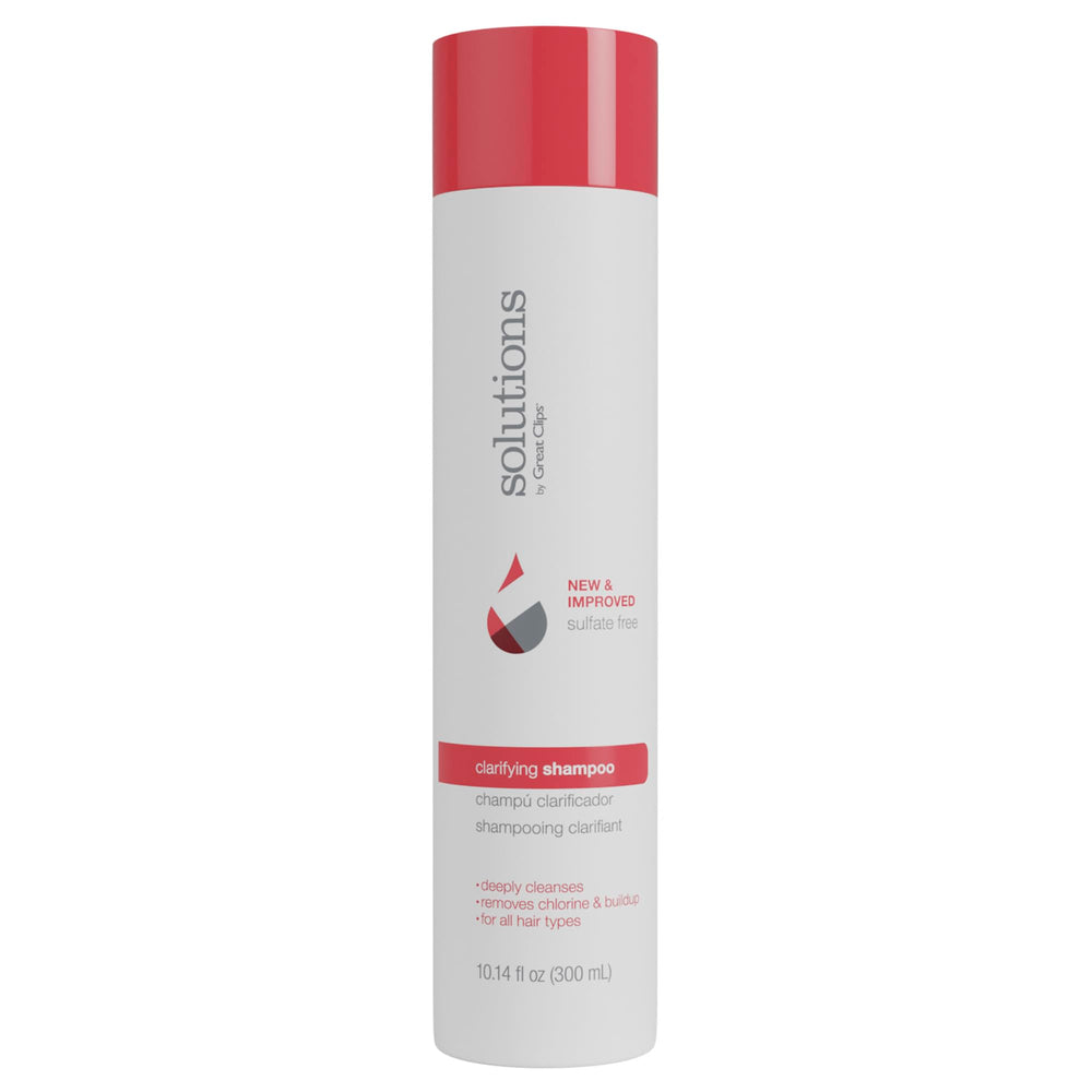 Great Clips Solutions Clarifying Shampoo bottle front showcases clean, refreshing formula for buildup removal.