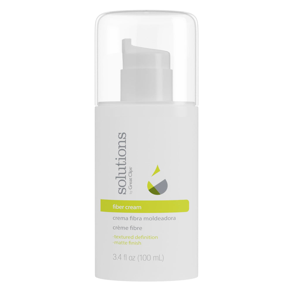 Great Clips Solutions Fiber Cream bottle shows firm hold for all hair types.