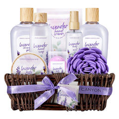 Green Canyon Spa lavender gift basket showcasing nourishing bath set for at home spa moments