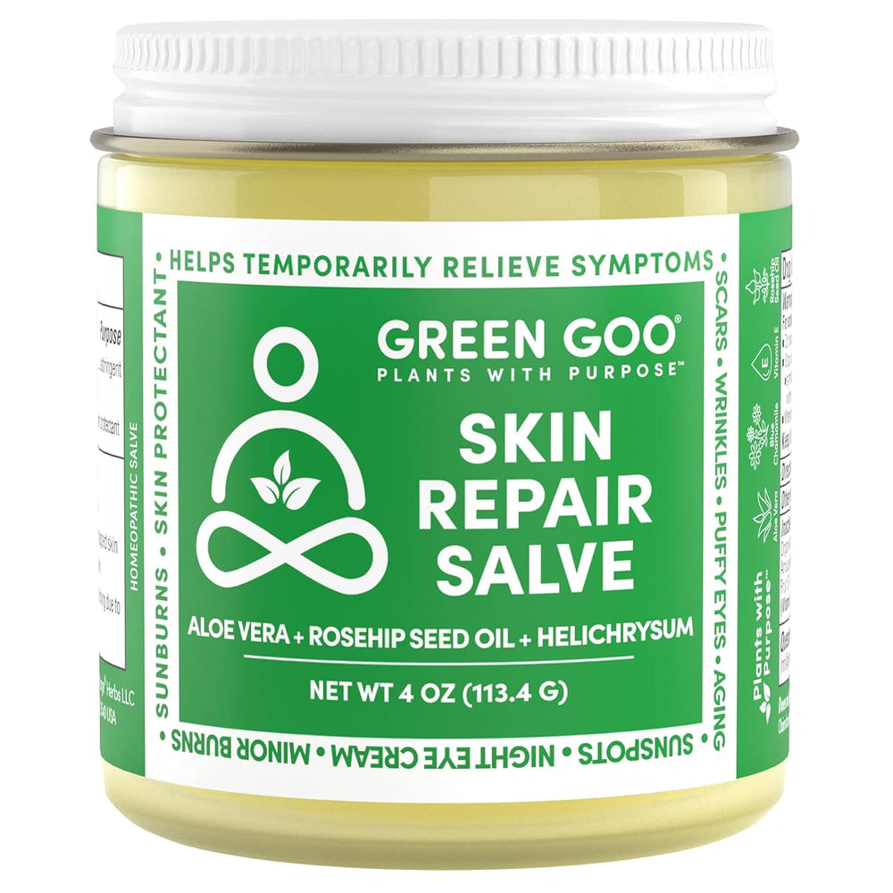 Green Goo Skin Repair Salve tub closeup highlighting natural ingredients for soothing skin