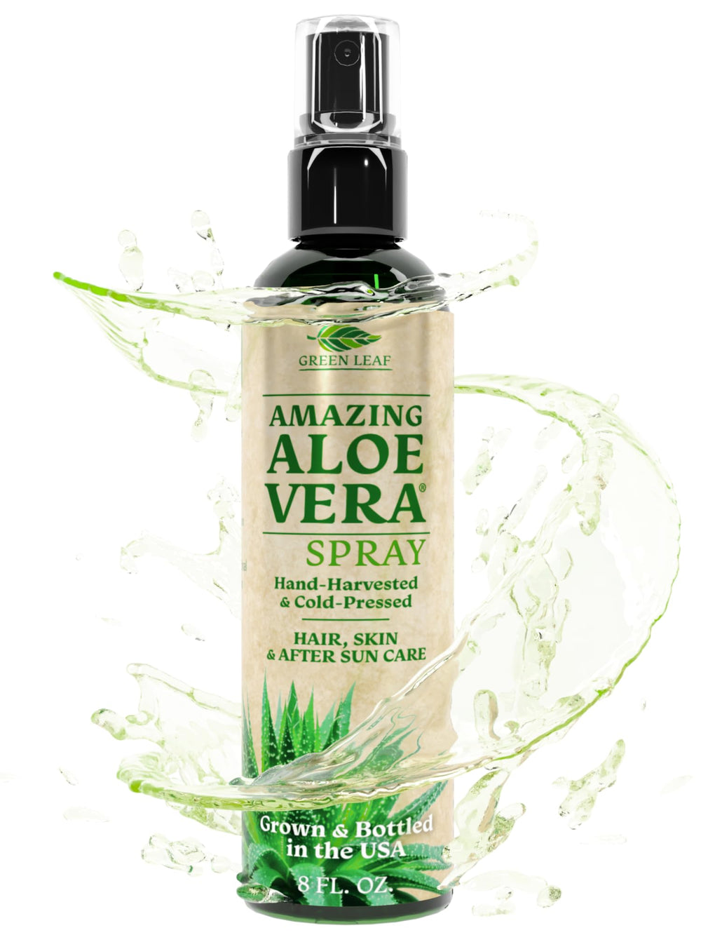 Green Leaf Naturals Aloe Vera Spray bottle demonstrates pure hydration for skin and hair.